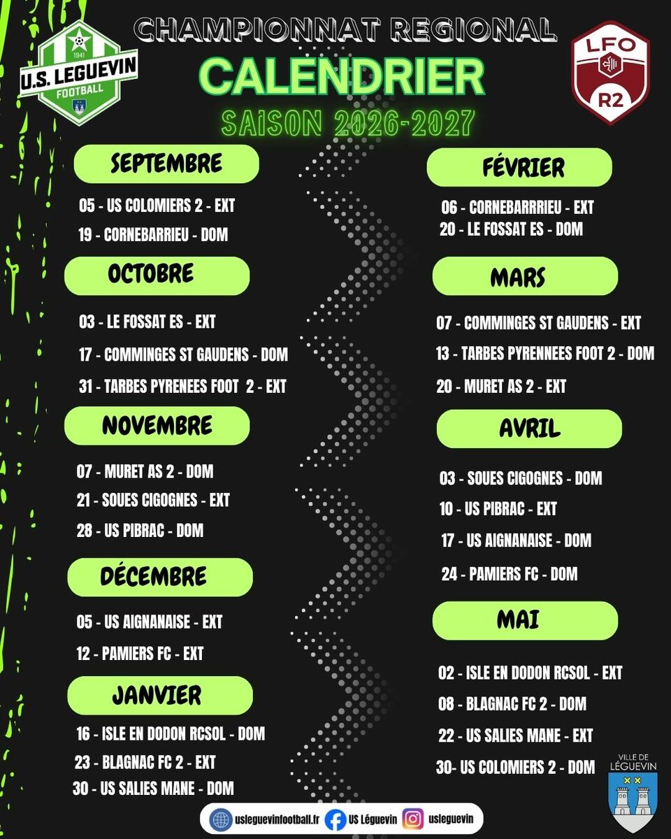 CALENDRIER SÉNIORS M R2 SAISON 2026-2027